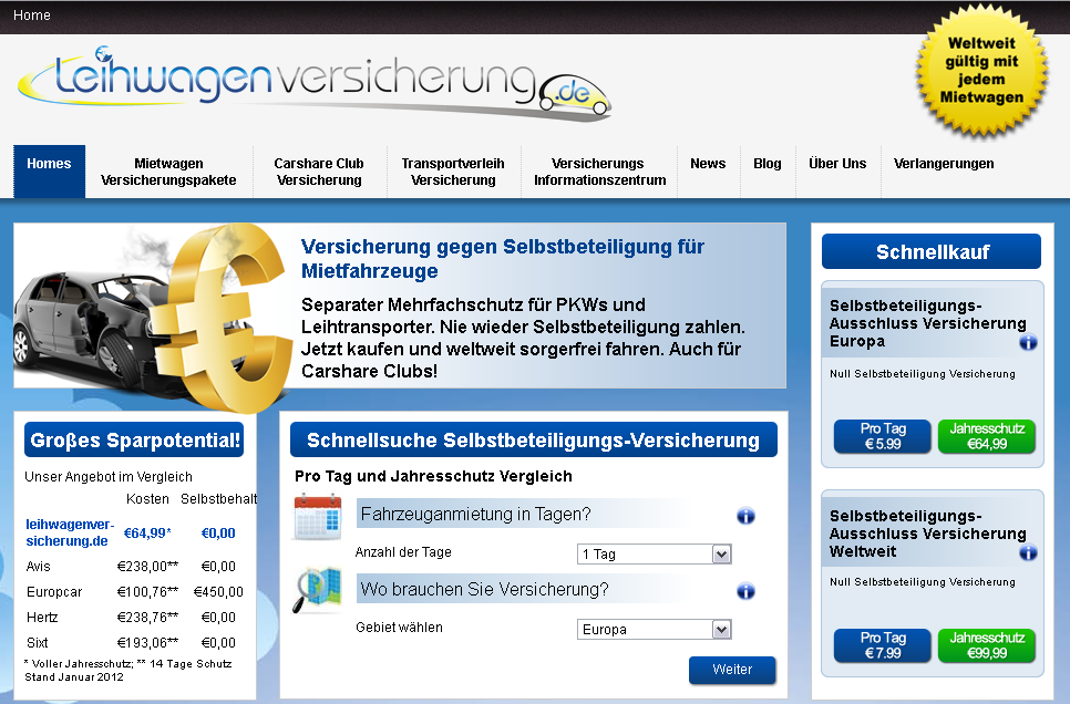Leihwagenversicherung Screenshot